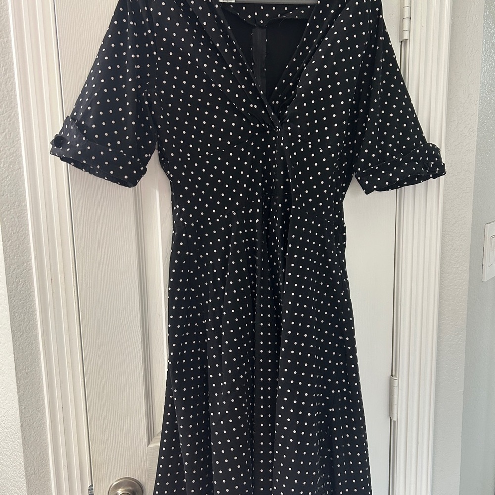 Unique Vintage Black and White Polka Dot Delores Swing Dress with Sleeves